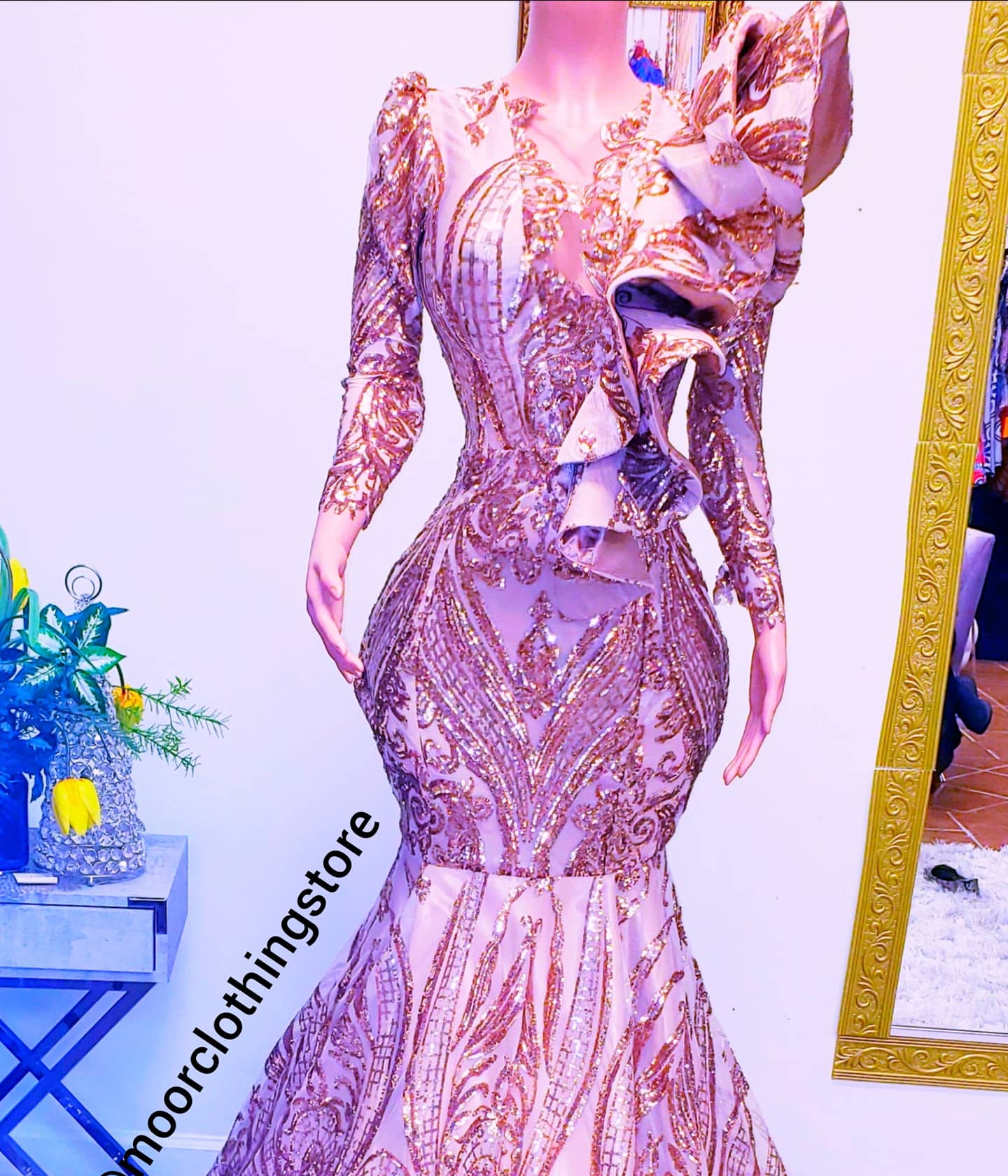Rose gold sequins prom  dress